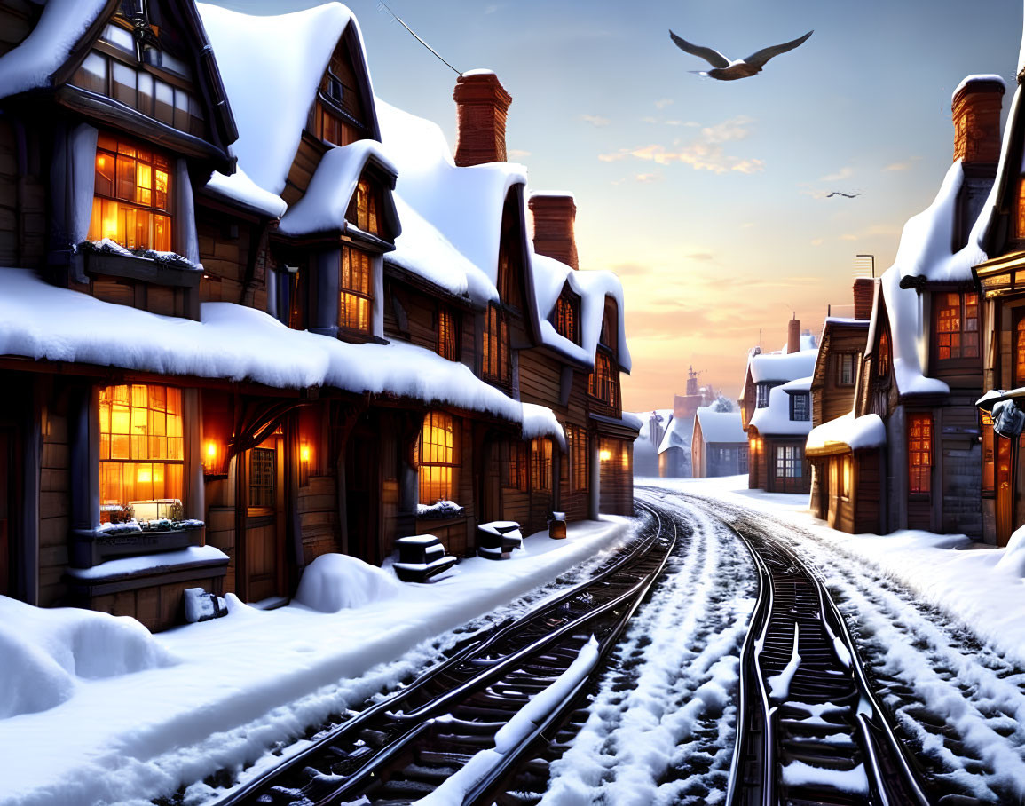 Snow-covered train tracks in quaint town with snow-topped houses at dusk