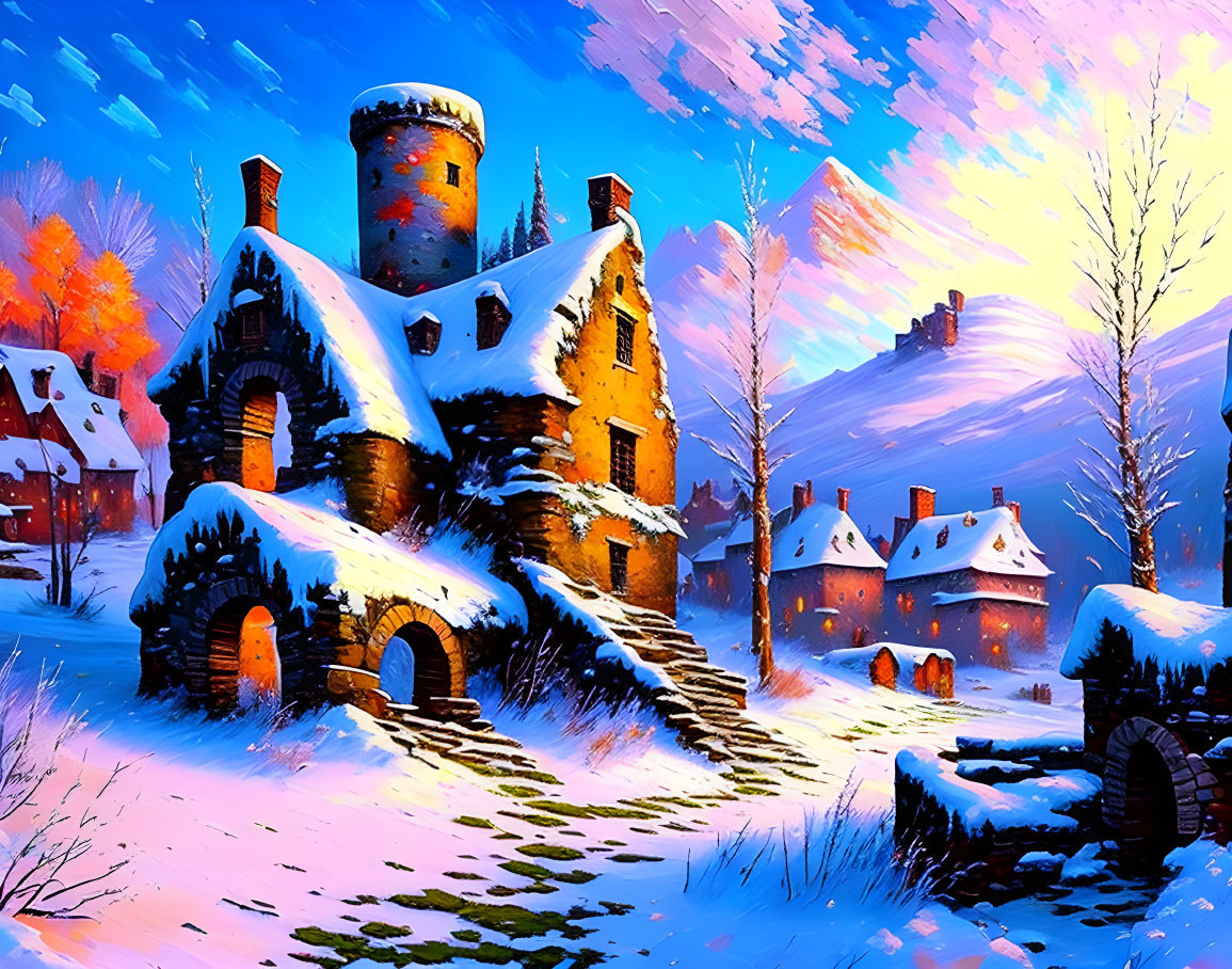 Digital artwork of snow-covered medieval stone house in picturesque village at sunset