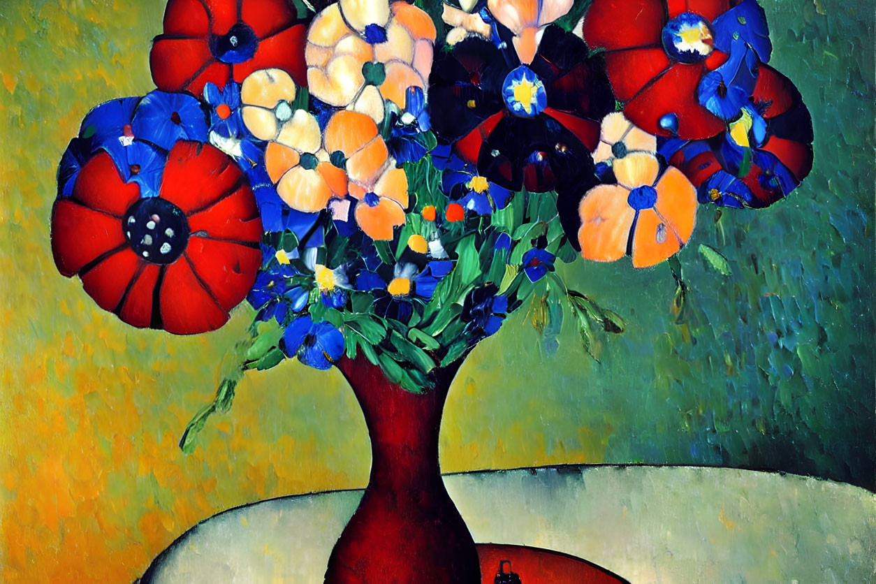 Colorful Flower Bouquet Painting in Red Vase on Textured Background