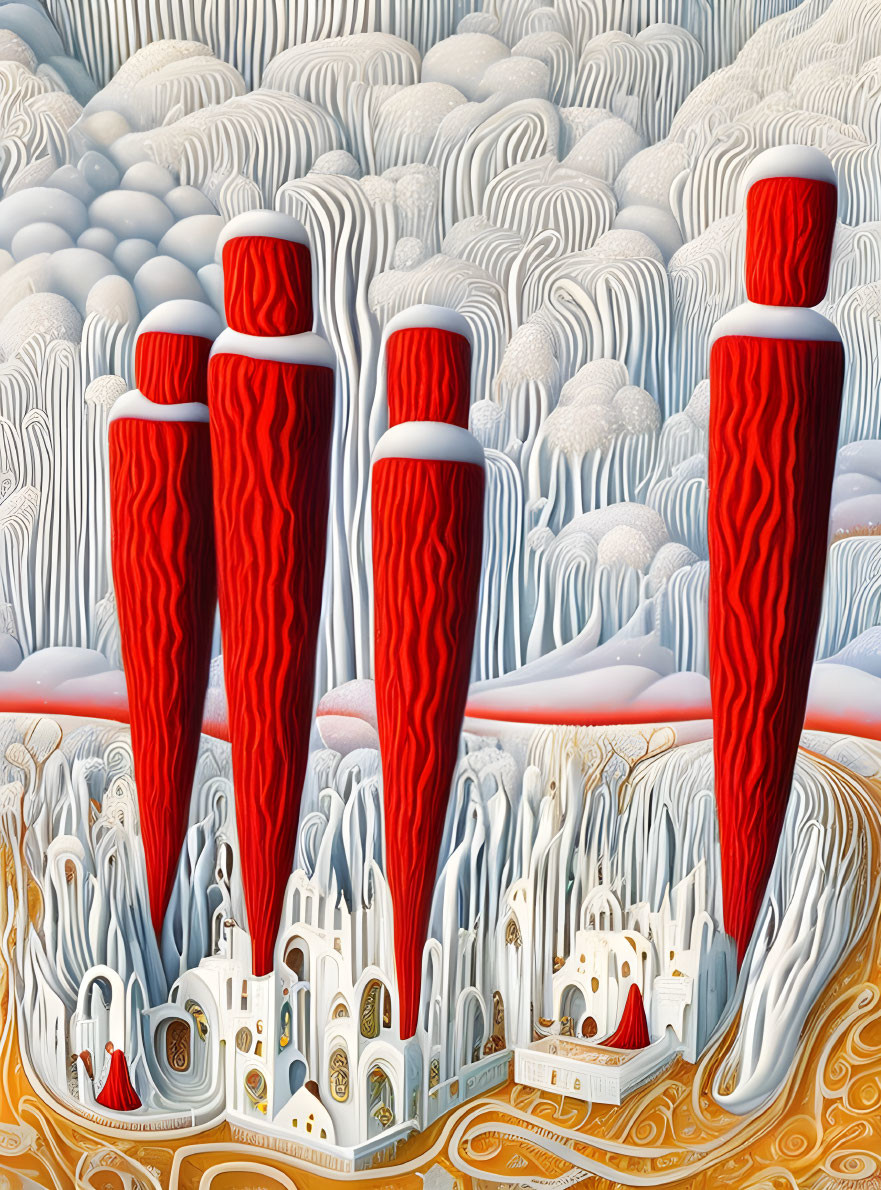 Surreal painting of red figures in white landscape with intricate architecture