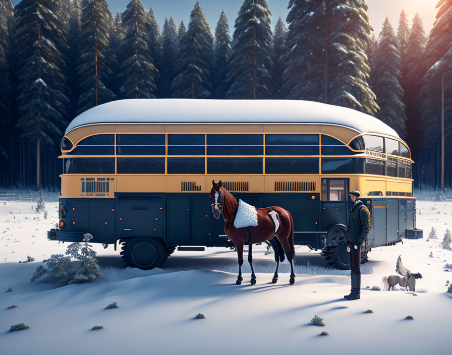 Vintage Yellow Bus Converted into Mobile Home in Snowy Forest with Person, Horse, and Dog