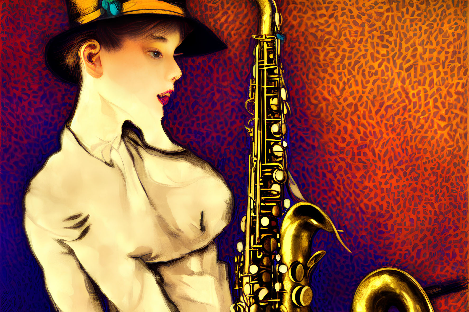 Illustration of person with hat holding saxophone on vibrant orange background