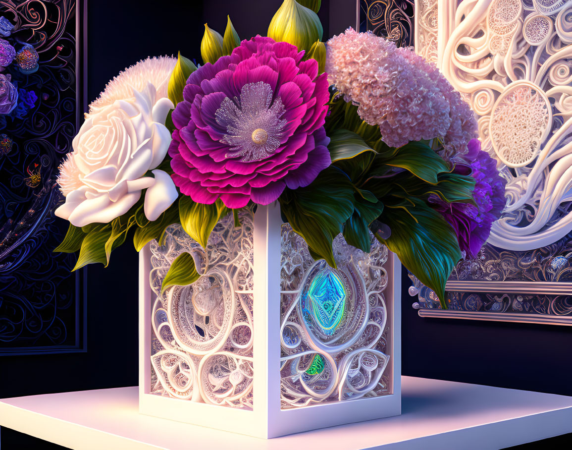 Colorful digital artwork: Stylized flowers in white vase on dark background