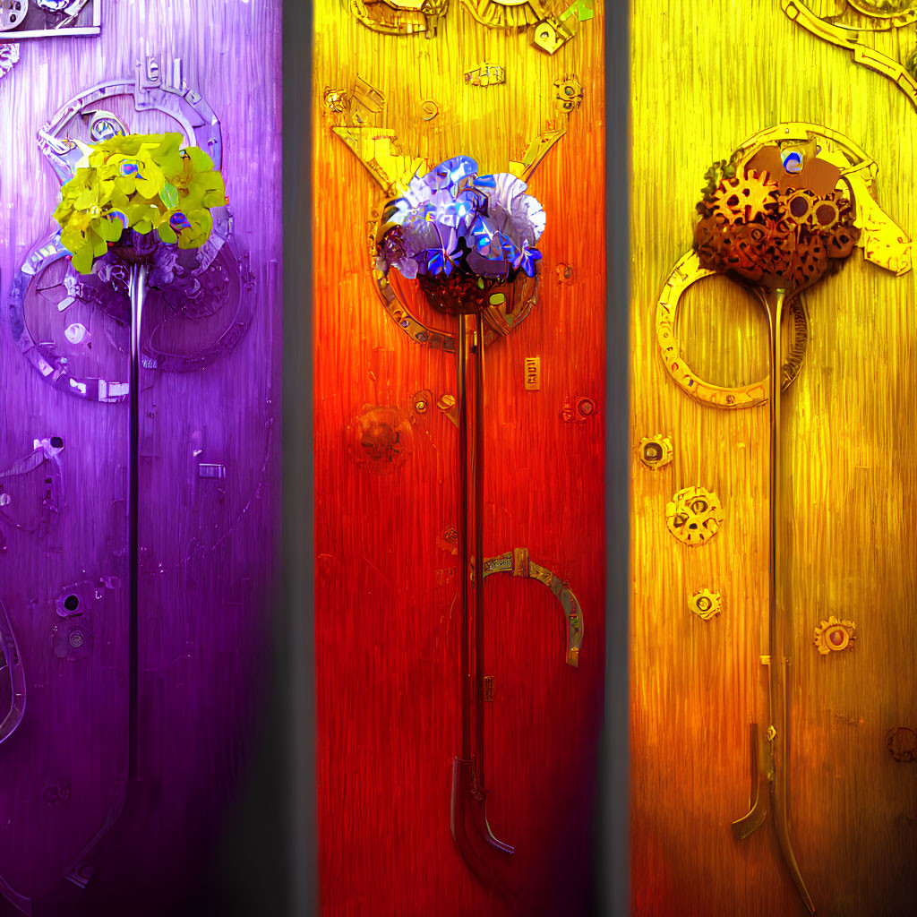 Colorful surreal violins with mechanical gears and floral elements on gradient backdrop.