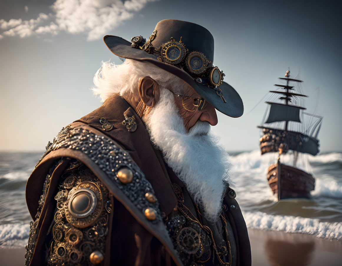 Elderly man in steampunk attire gazes at sea ship