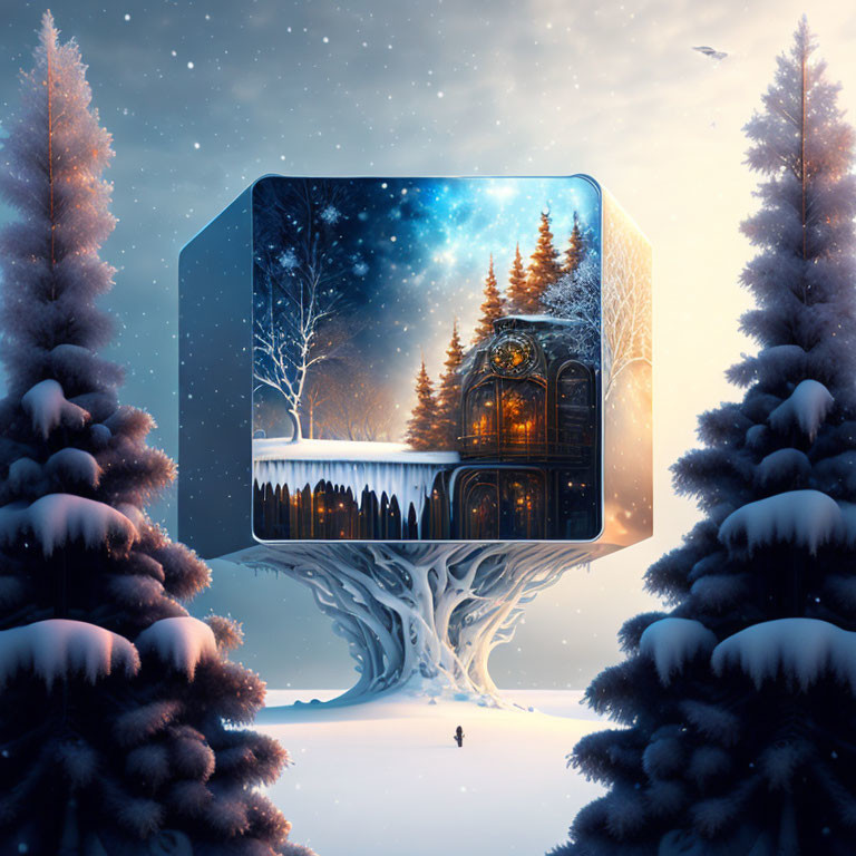 Surreal winter forest scene with floating cube showing snowy landscape