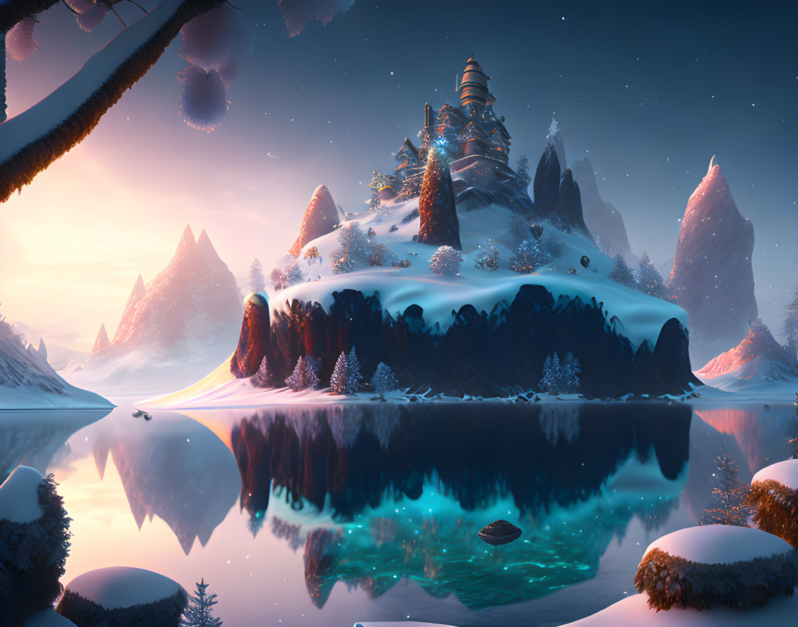 Snow-covered isle, serene lake, pine trees, glowing castle: Twilight winter landscape