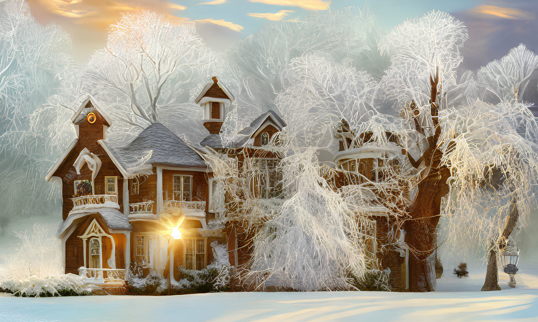 Snowy Winter Landscape: Cozy House Amongst Glowing Trees