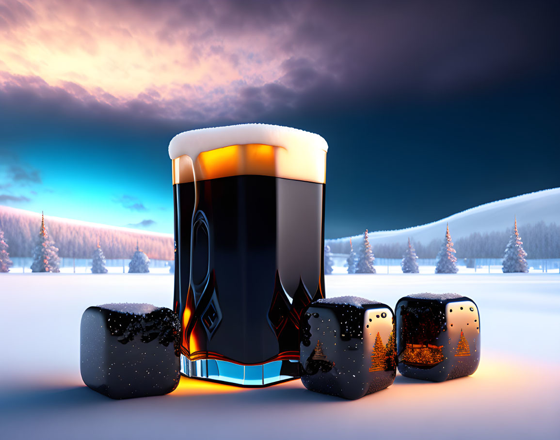 Dark Beer Glass with Wisecrack Ice Cubes in Snowy Sunset