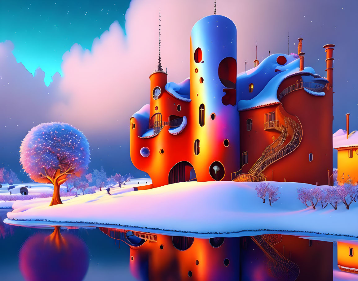 Colorful Castle in Snowy Twilight Landscape with Reflecting Water