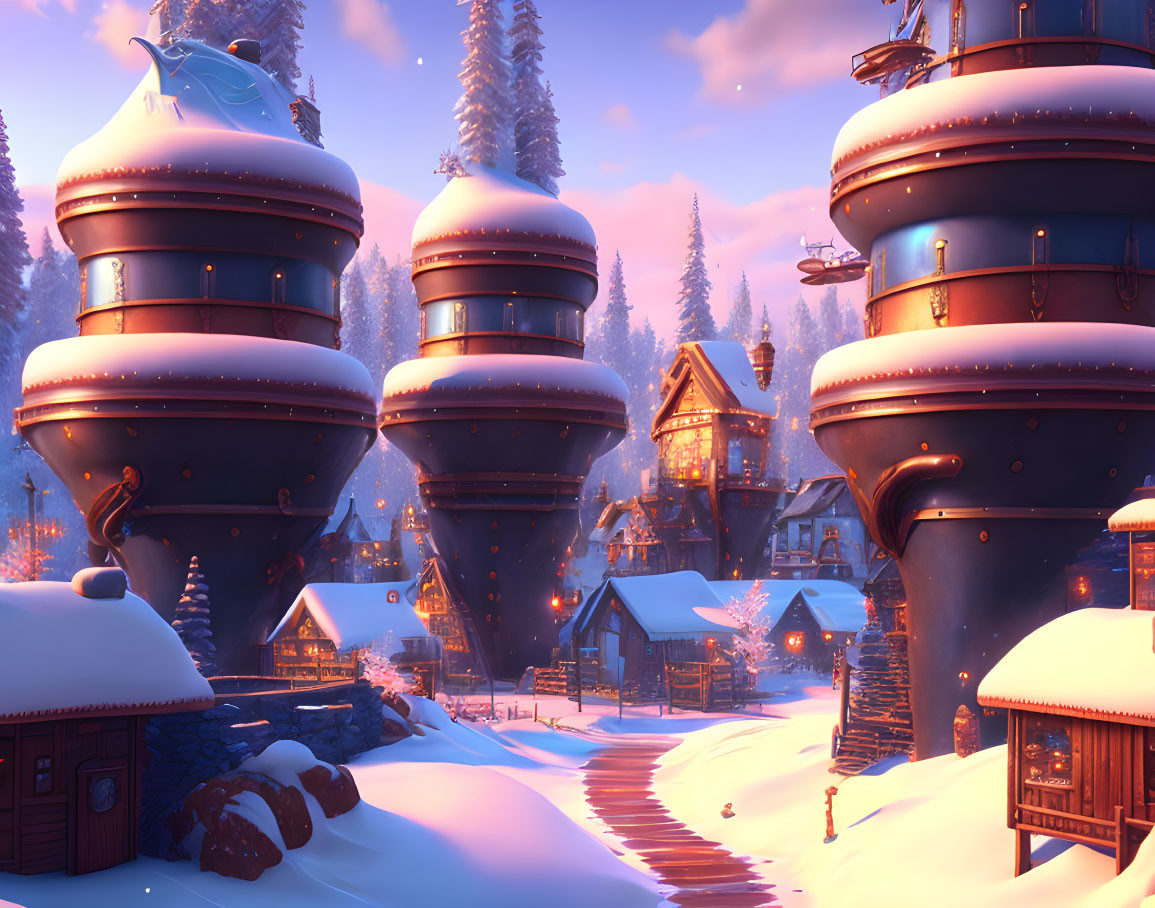 Snow-covered futuristic winter village with dome-shaped towers, warm lit cottages, pine trees, and flying