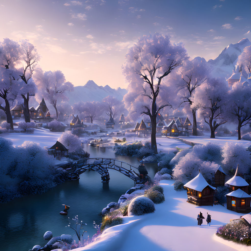 Snowy village at twilight: cozy cottages, stone bridge, snow-covered trees, distant mountains,