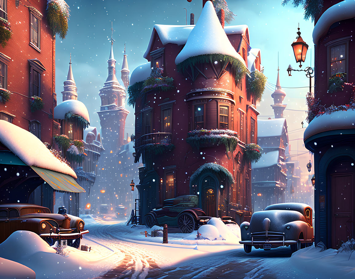 Snowy Street Scene: Vintage Cars, Brick Homes, Christmas Decorations