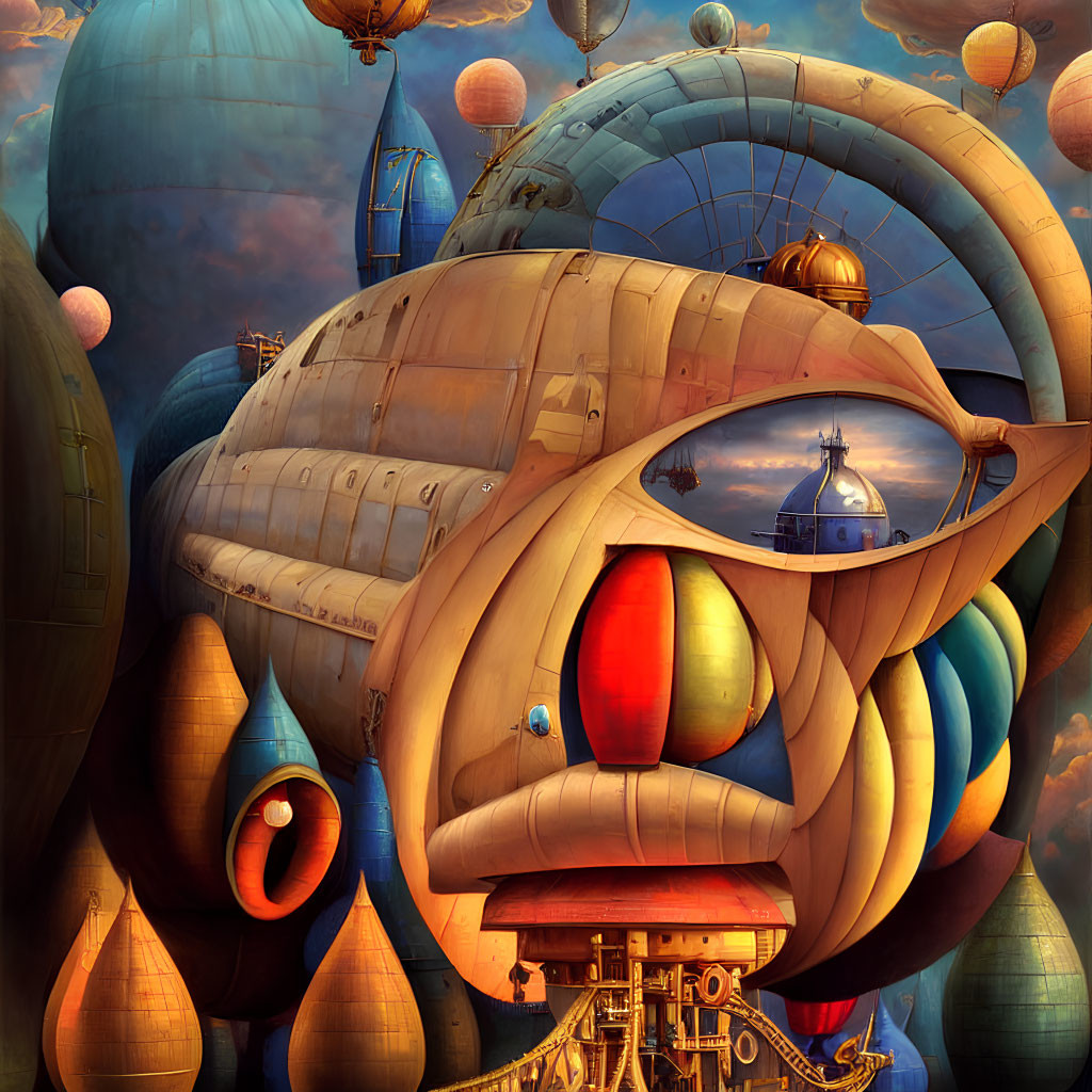 Colorful surreal artwork: Fish-like airship & whimsical sky architecture