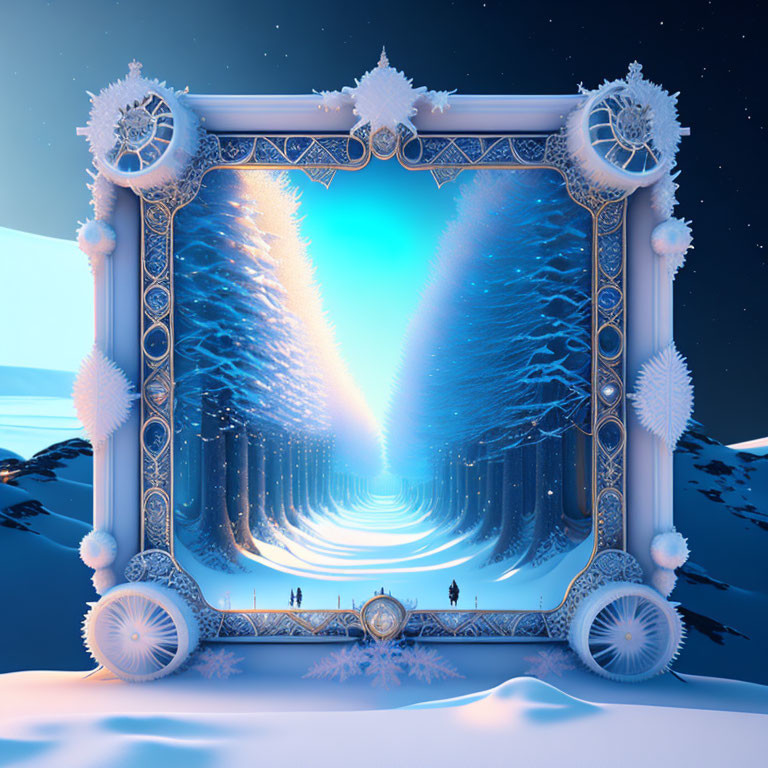 Frost-covered frame surrounding magical winter portal with ethereal light beams