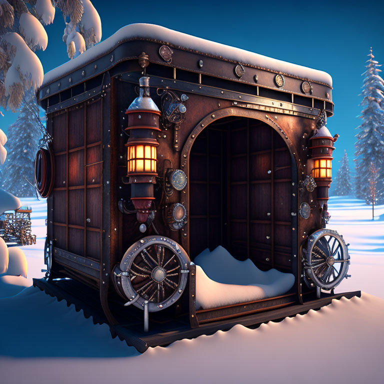 Steampunk Style Carriage with Lanterns in Snowy Twilight