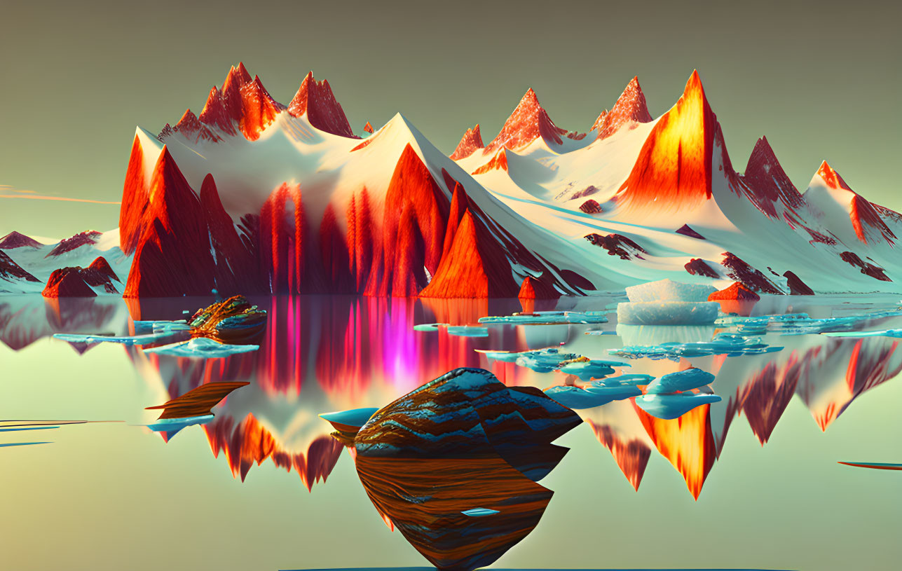 Surreal landscape with red-tinted snowy mountains and tranquil waters