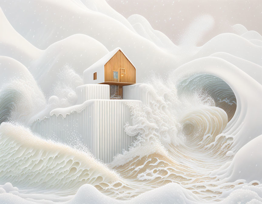 Surreal wooden house on wave-like structure in dreamlike landscape