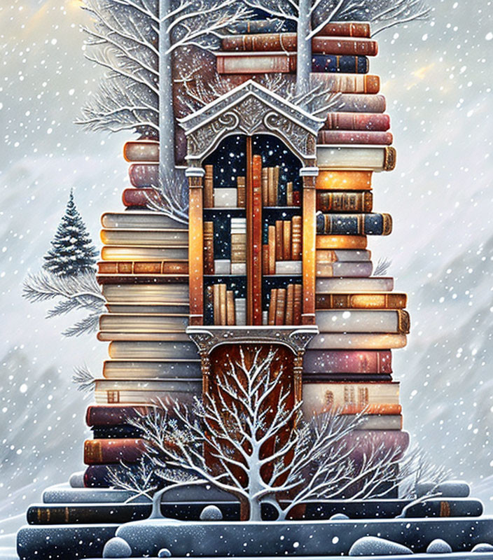 Whimsical book house in snowy landscape with tree and falling snowflakes