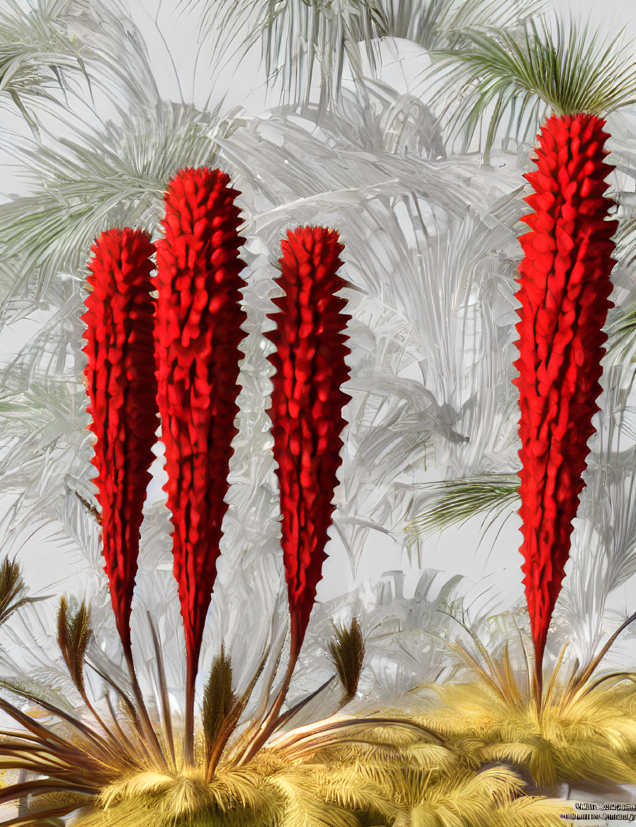 Vibrant red tower flowers with green fern leaves on light background