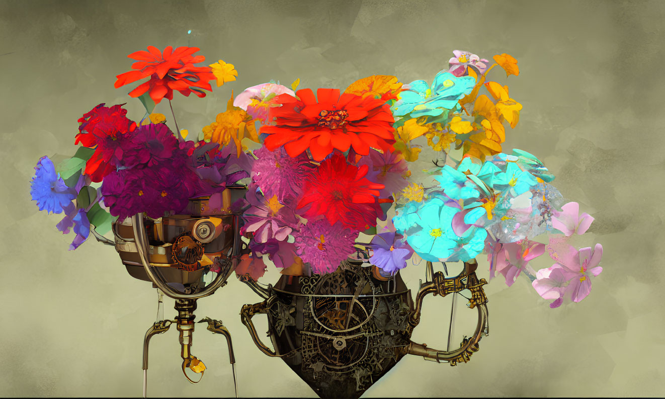 Colorful Flowers Bouquet in Steampunk-Style Vase on Beige Background