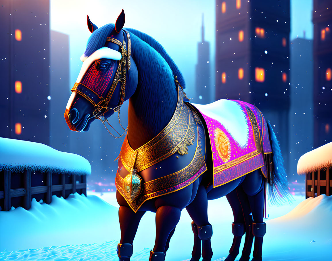 Majestic horse in blue and gold armor against snowy cityscape