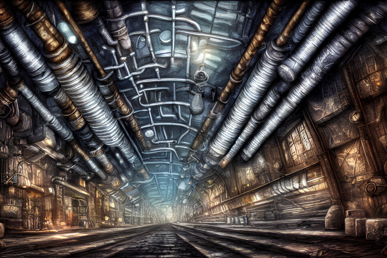 Detailed Illustration of Dystopian Underground Tunnel with Pipes, Cables, Dim Lighting, and A