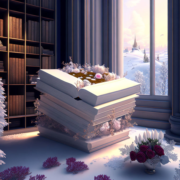 Books stack with ecosystem and flowers by snowy window in soft light