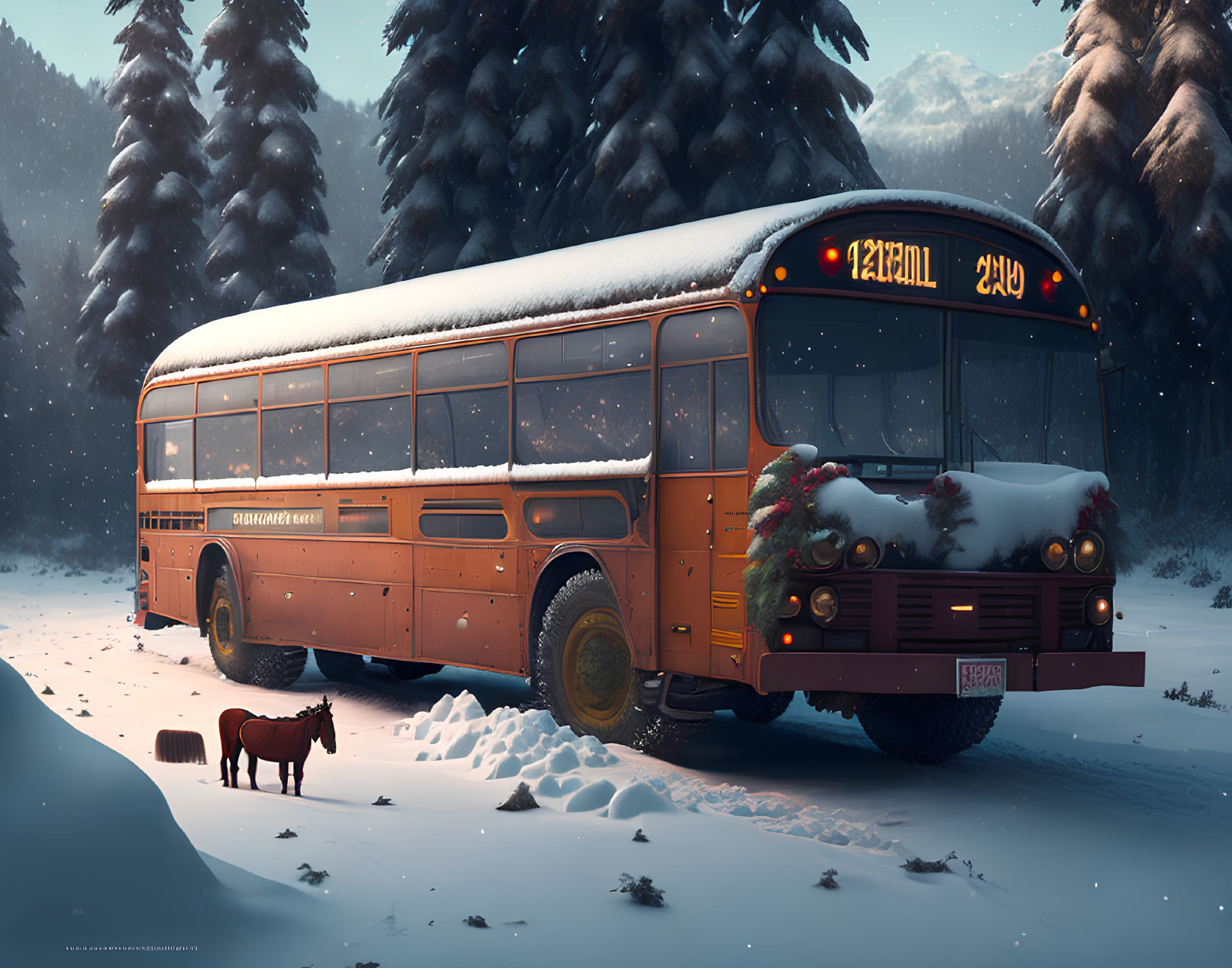 Snow-covered yellow school bus with Christmas wreaths, snowy road, pine trees, and small brown dog