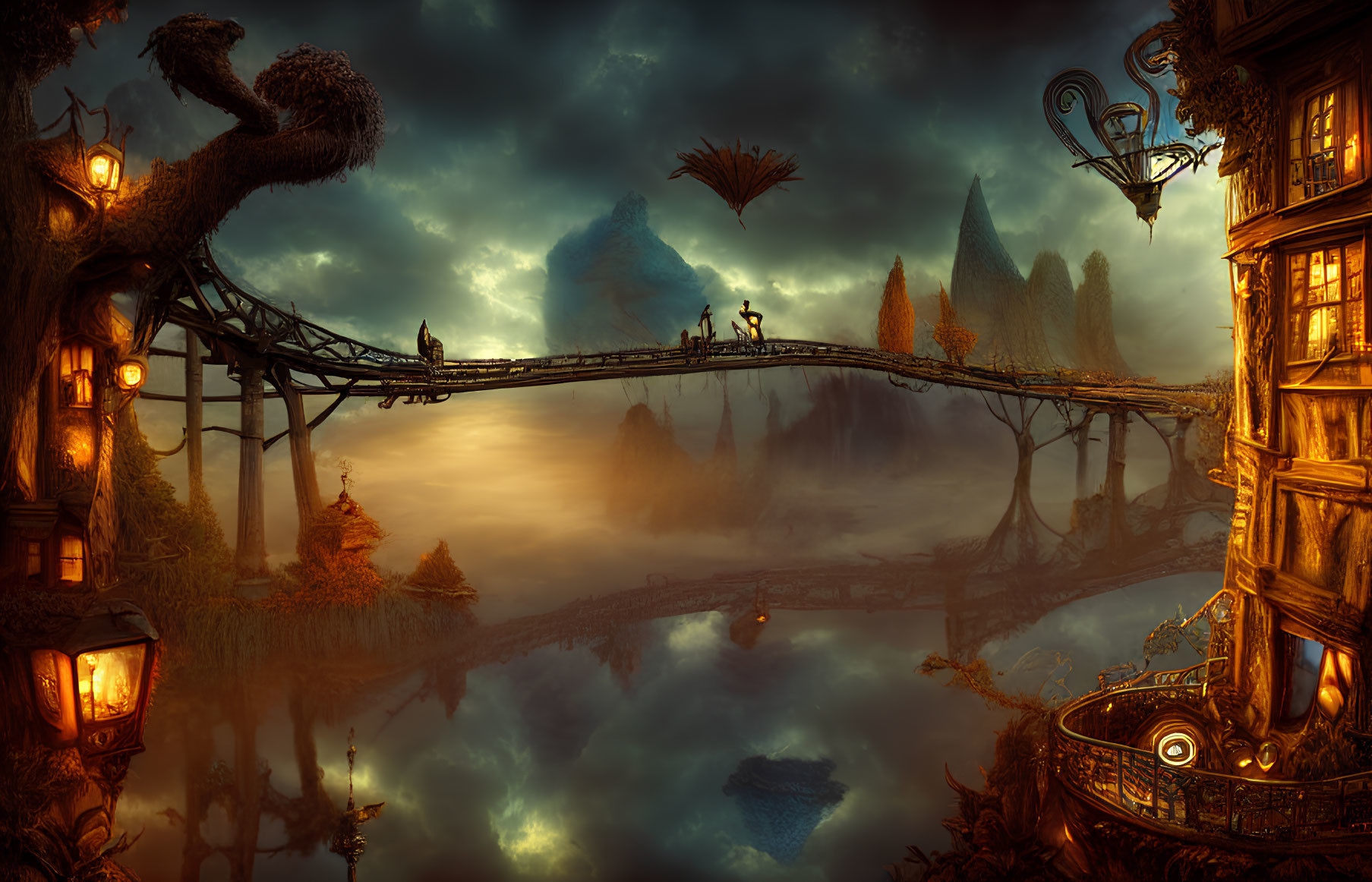 Fantastical dusk landscape with suspension bridge, towering structures, floating islands, and flying creature.