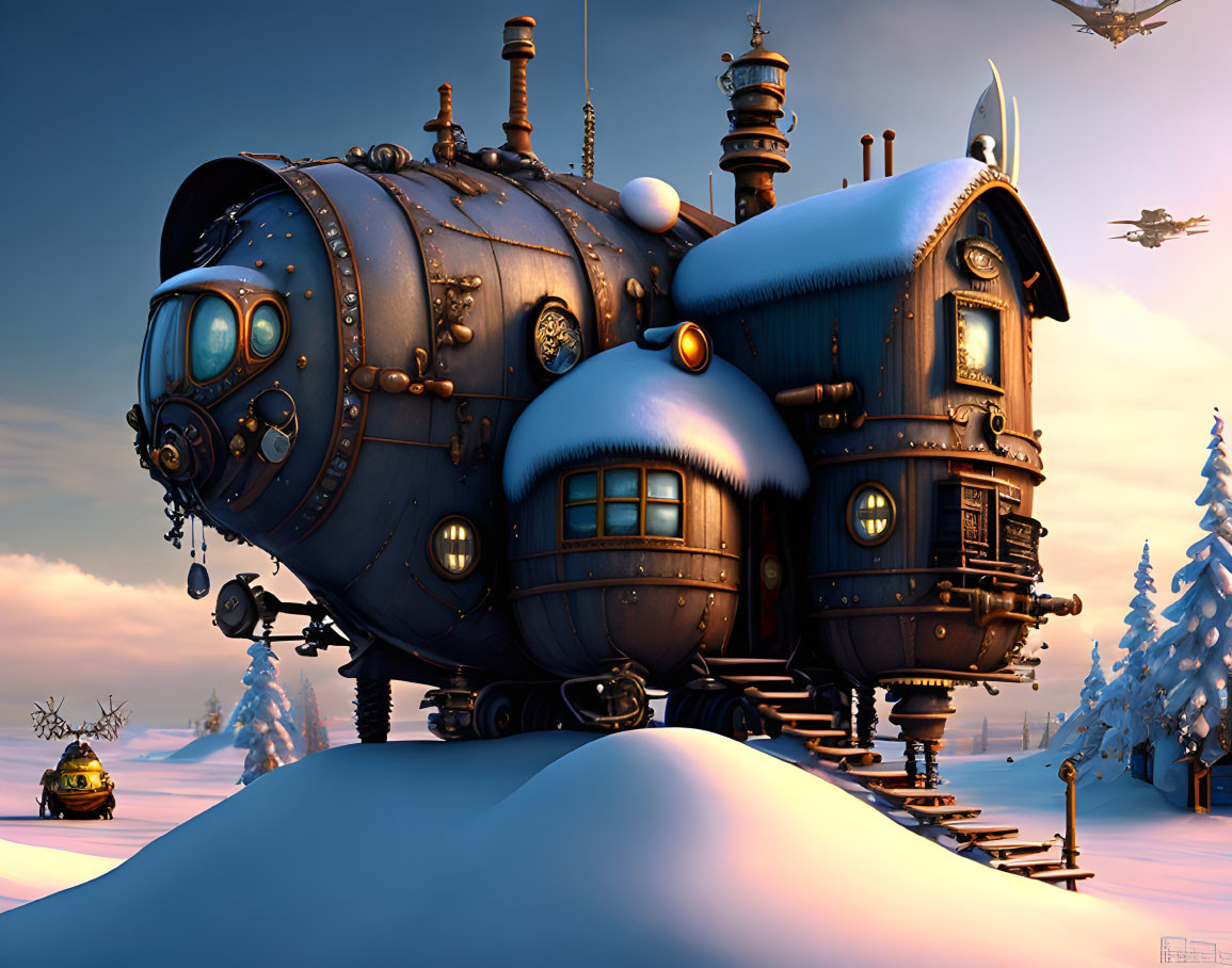 Steampunk-style train with cozy cabin in snowy landscape at dusk