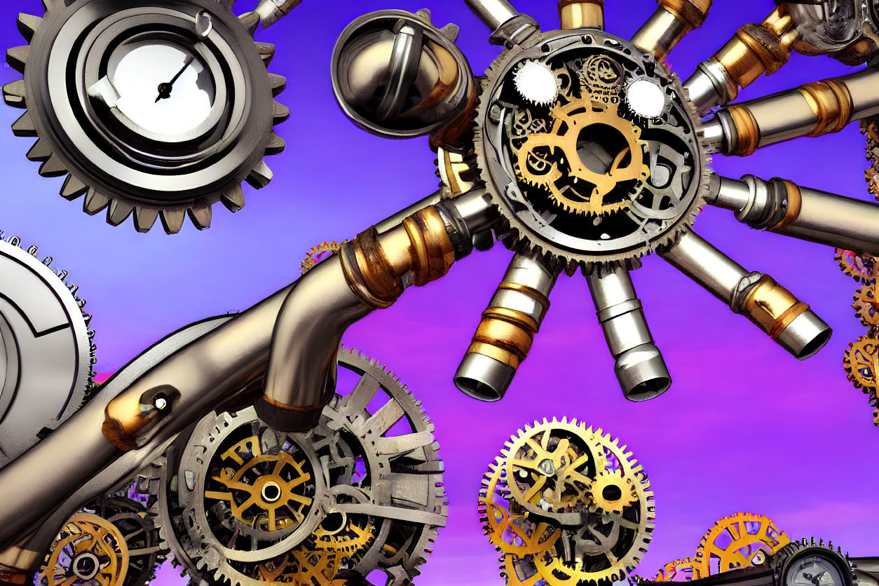 Brass and Steel Gears and Pipes on Purple Sky Representing Steampunk Aesthetics