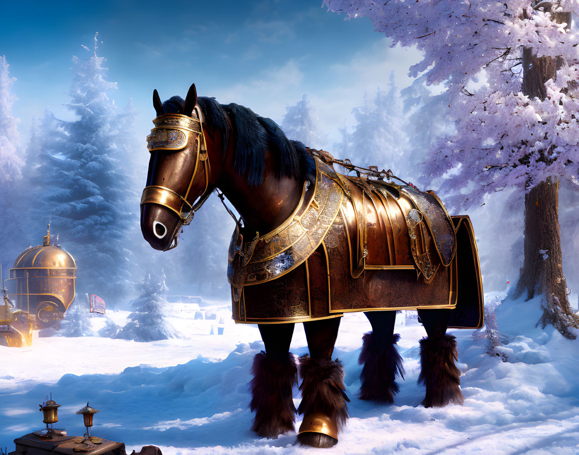 Golden-detailed mechanical horse in snowy landscape with vintage lamps