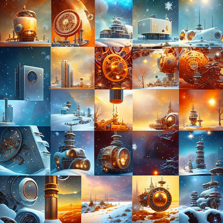 Fantastical Winter Steampunk Collage in Snowy Landscapes