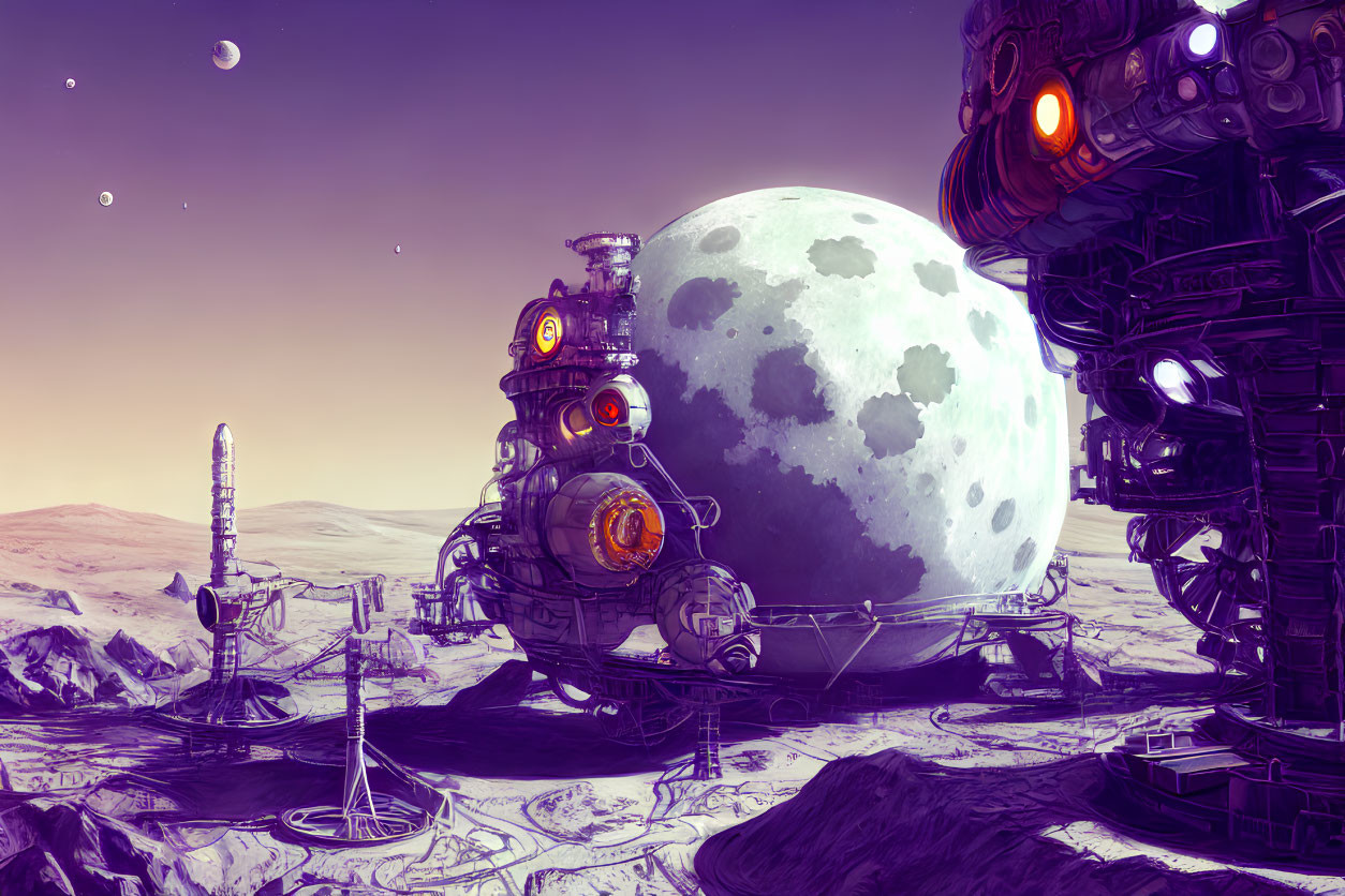 Sci-fi lunar outpost with spherical structure, antenna, towering robot, and planetrise.