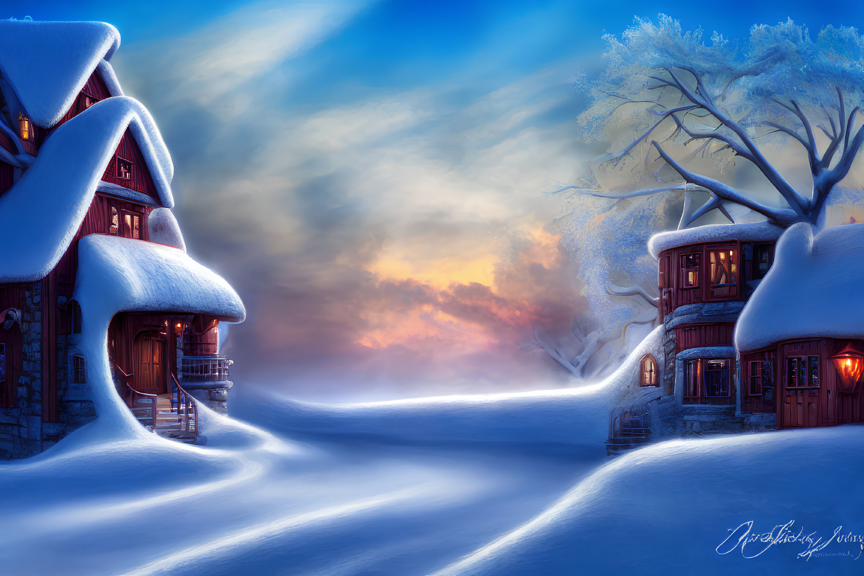 Twilight snow-covered village with cozy cottages and bare trees