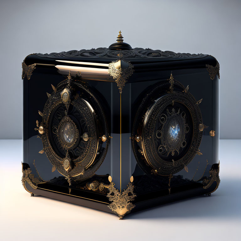 Intricate Black and Gold Mechanical Box with Circular Designs