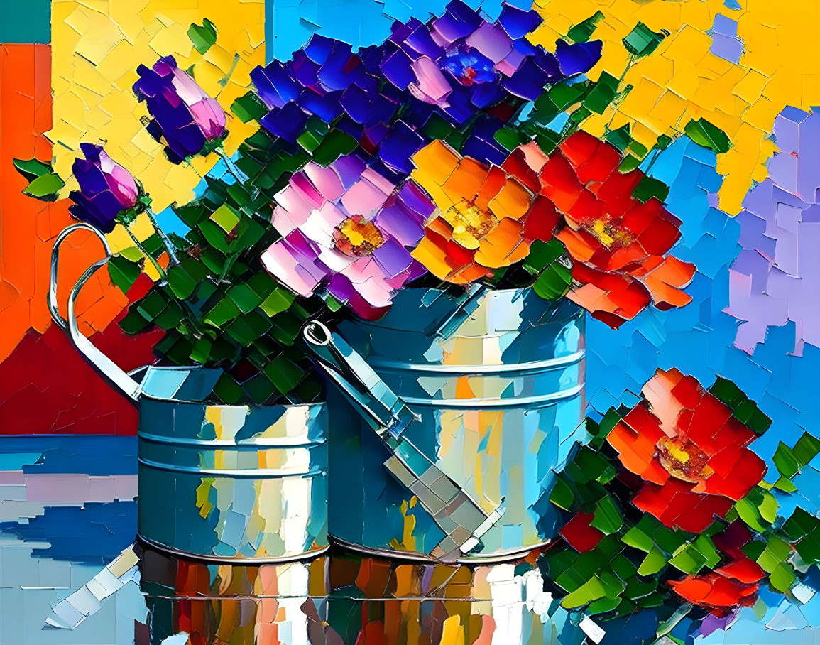 Colorful Flowers in Blue Watering Can Painting with Cubist Style