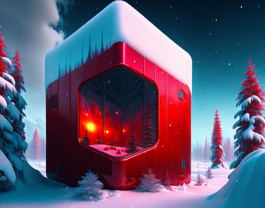 Futuristic Red Cabin with Large Windows in Snowy Landscape