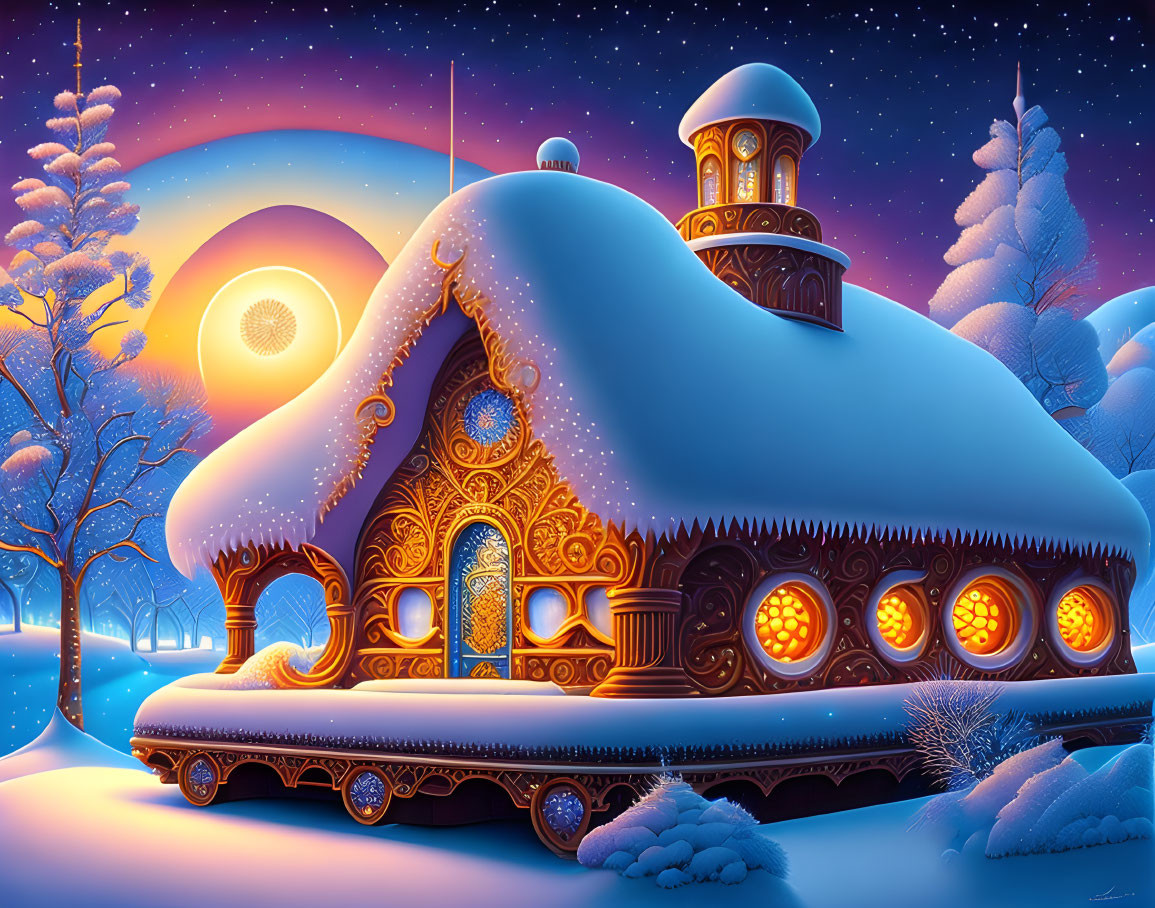 Snow-covered house in twilight with frosty trees - Winter scene illustration