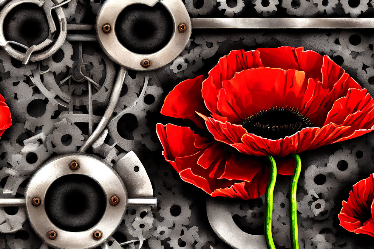 Red poppies contrast with industrial gears in monochrome background