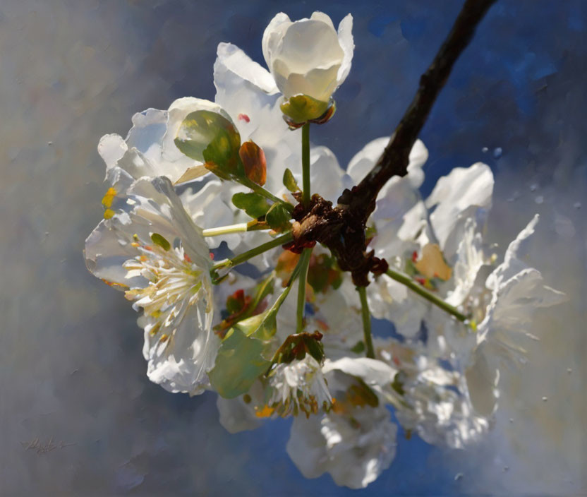 White Blossoms with Yellow Centers on Dark Branch against Blurry Blue Background