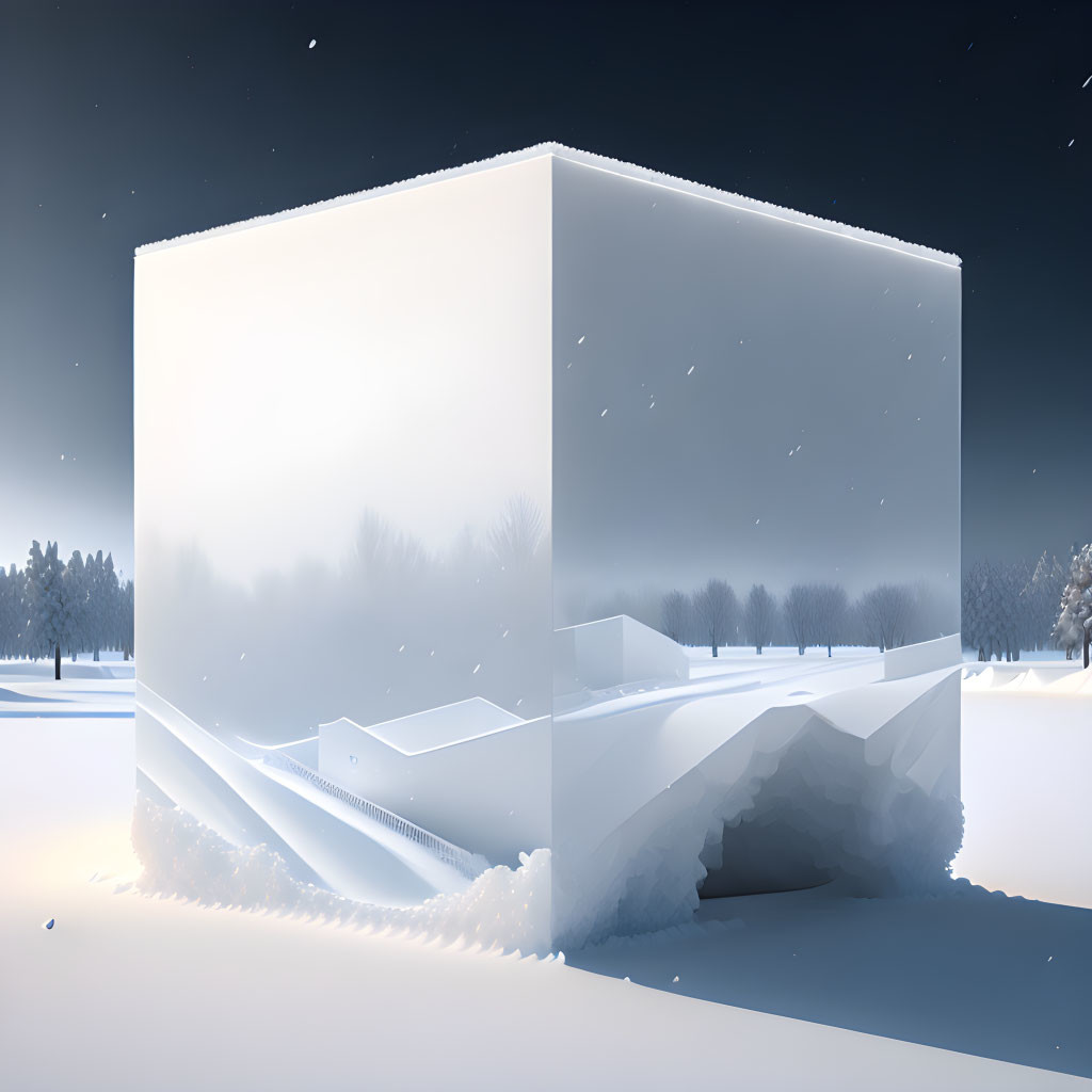 Surreal white cube in snowy landscape with peeled corner and hollow interior