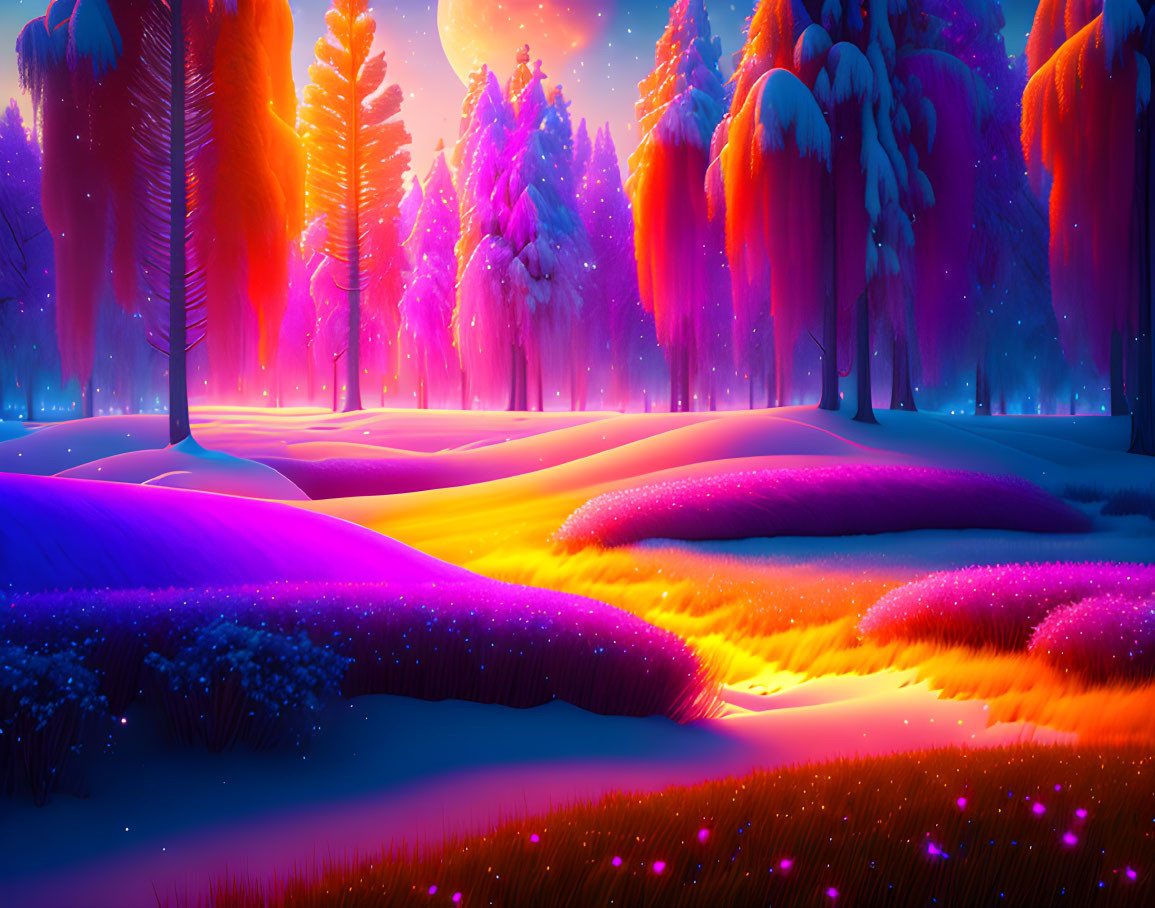 Snow-covered trees in colorful winter dusk with purple and orange gradient sky