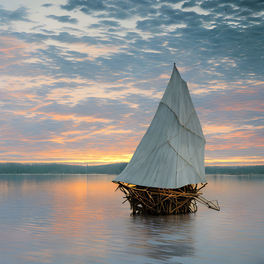 Tranquil sailboat scene at sunset with orange and pink hues