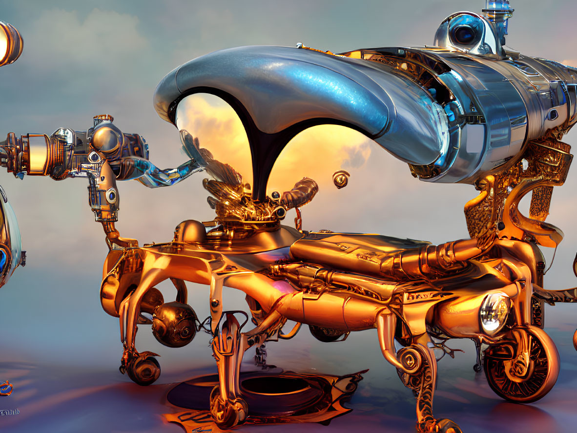 Golden mechanical structure and silver airship in surreal sci-fi scene.