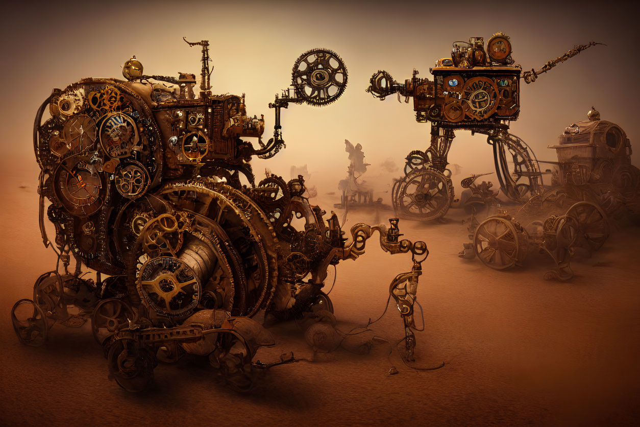 Steampunk-inspired scene with intricate machinery and vehicles in a hazy desert.