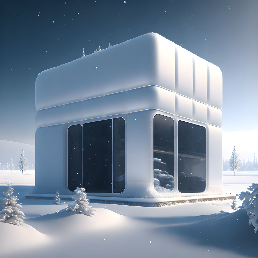 Minimalist building in winter landscape with snow-covered windows and trees.