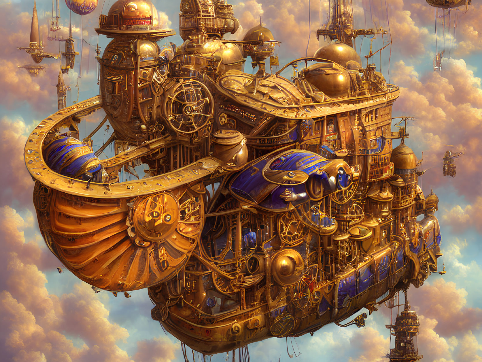 Steampunk airship with intricate gears and golden hues in cloudy sky