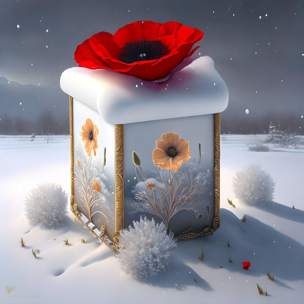 Surreal winter scene with large golden-framed cube and red poppy atop, surrounded by white